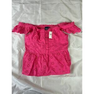 GAP Off Shoulder Eyelet Smocked Peplum Top Women's Medium Pink NWT